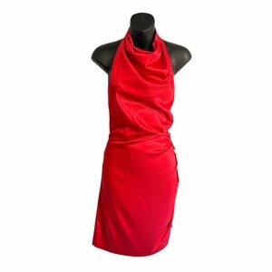 Gianni Bini Peyton Ruched Satin Cow Neck Open Back Mini Sheath Dress